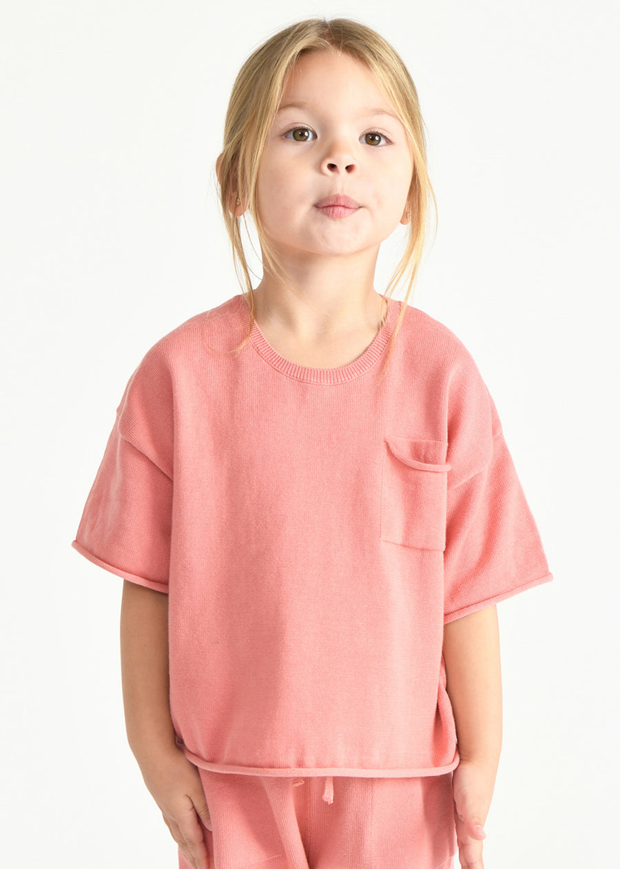 BOXY KNIT POCKET TEE - CORAL