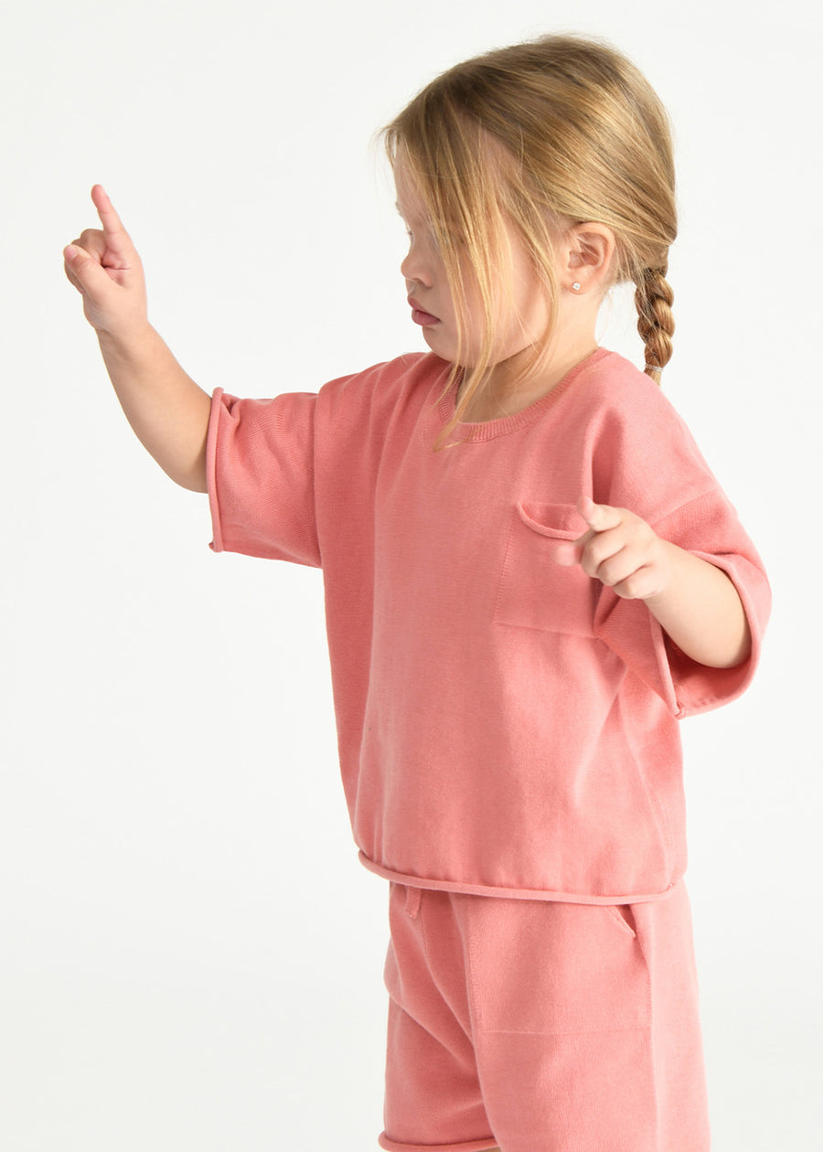 BOXY KNIT POCKET TEE - CORAL