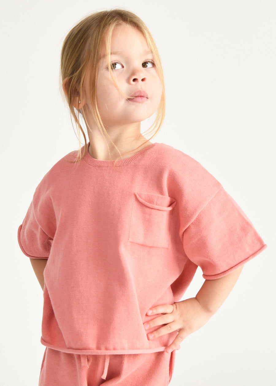 BOXY KNIT POCKET TEE - CORAL