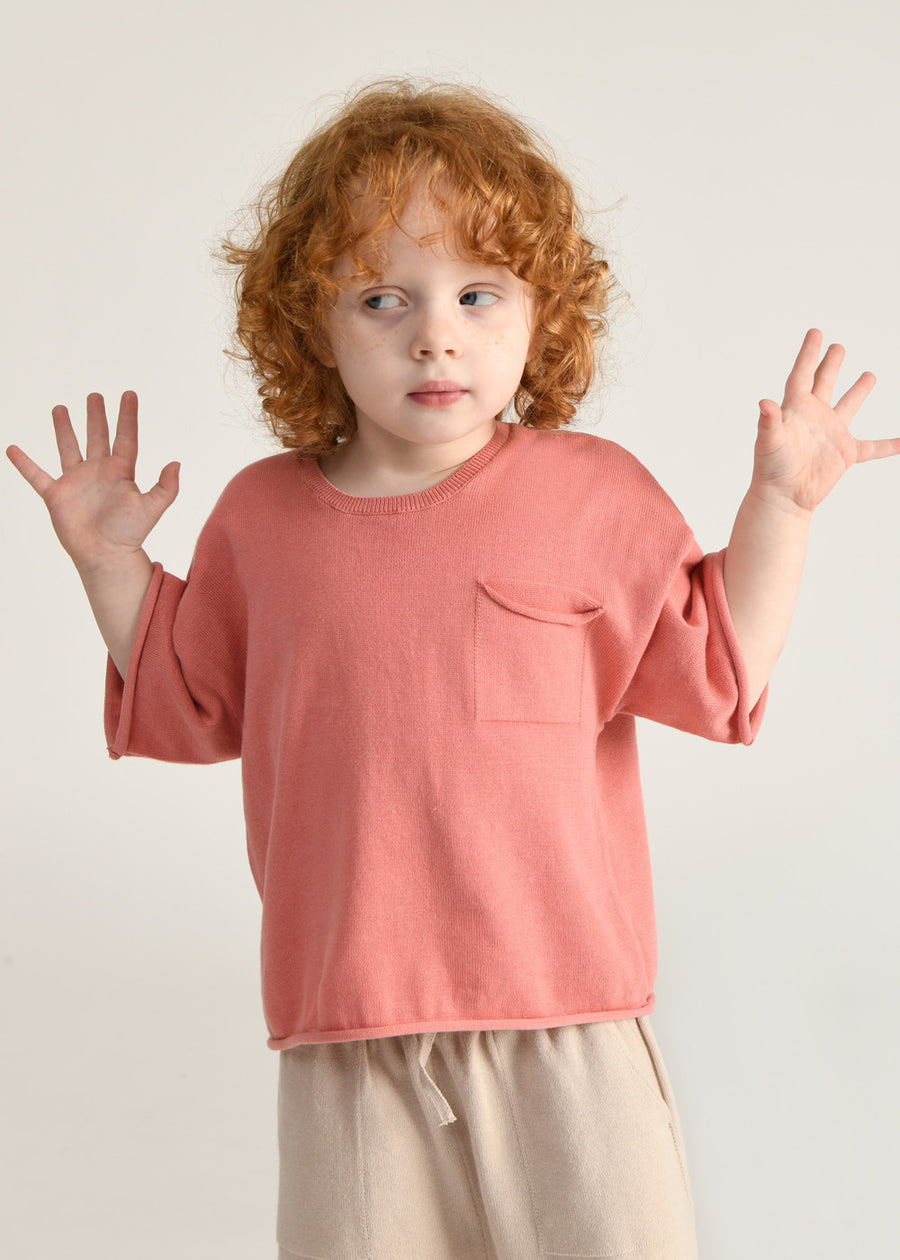 BOXY KNIT POCKET TEE - CORAL