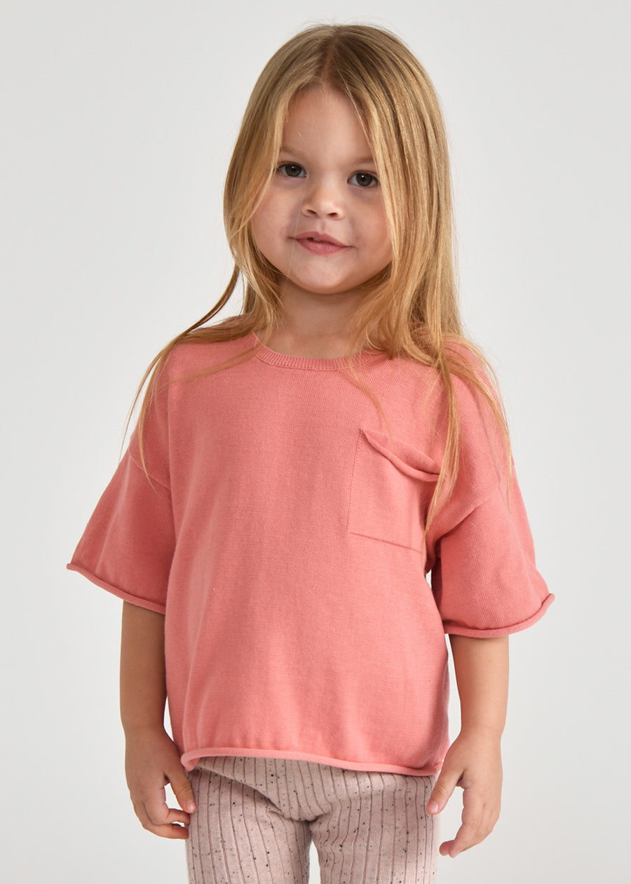 BOXY KNIT POCKET TEE - CORAL